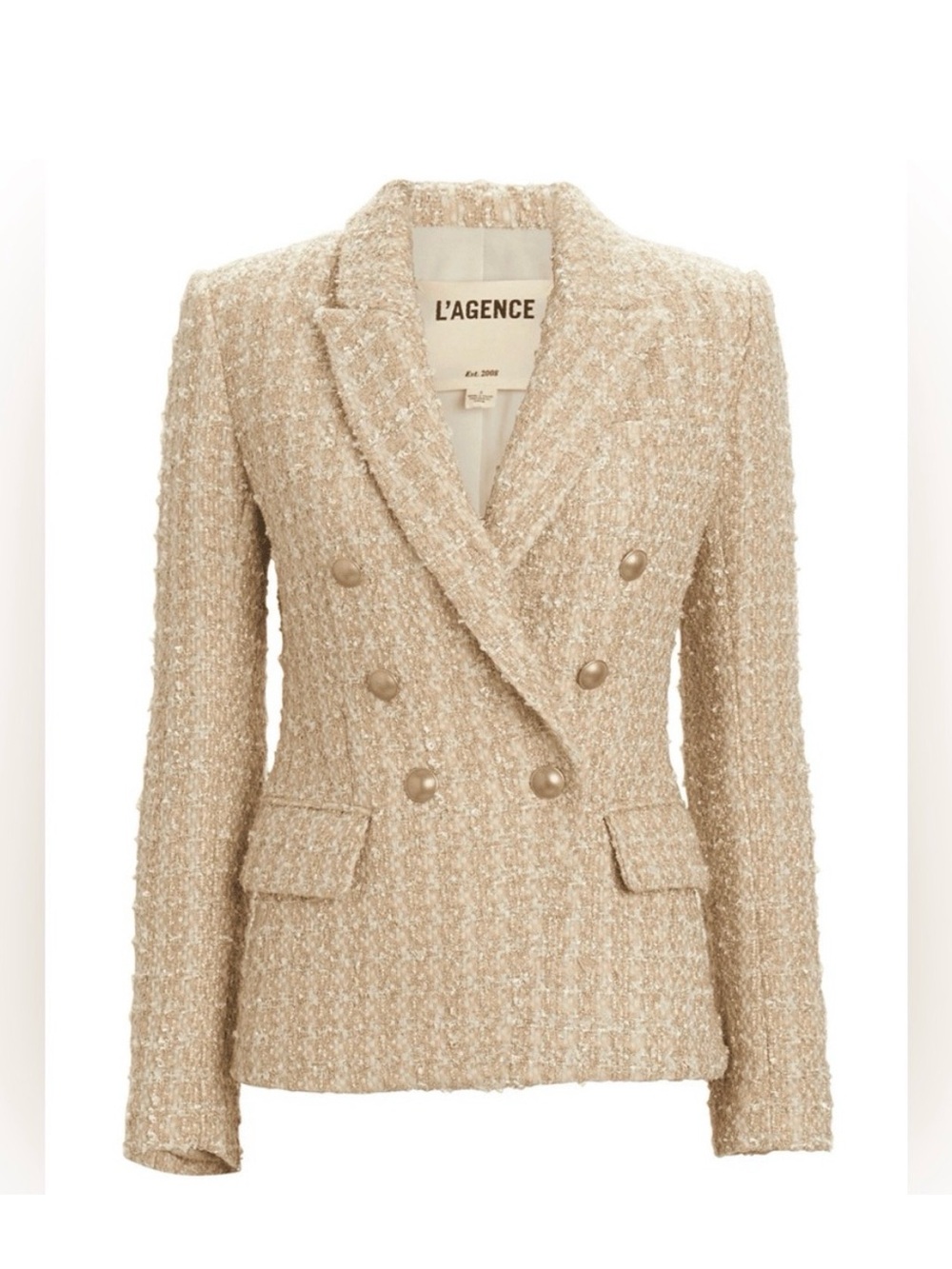 L'AGENCE Cream-Beige Tweed Double-Breasted Blazer